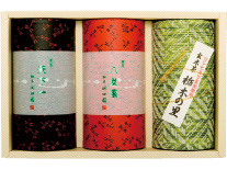甲州印傳デザイン缶 天下一・八女茶・玄米茶 栃木の里 各150g